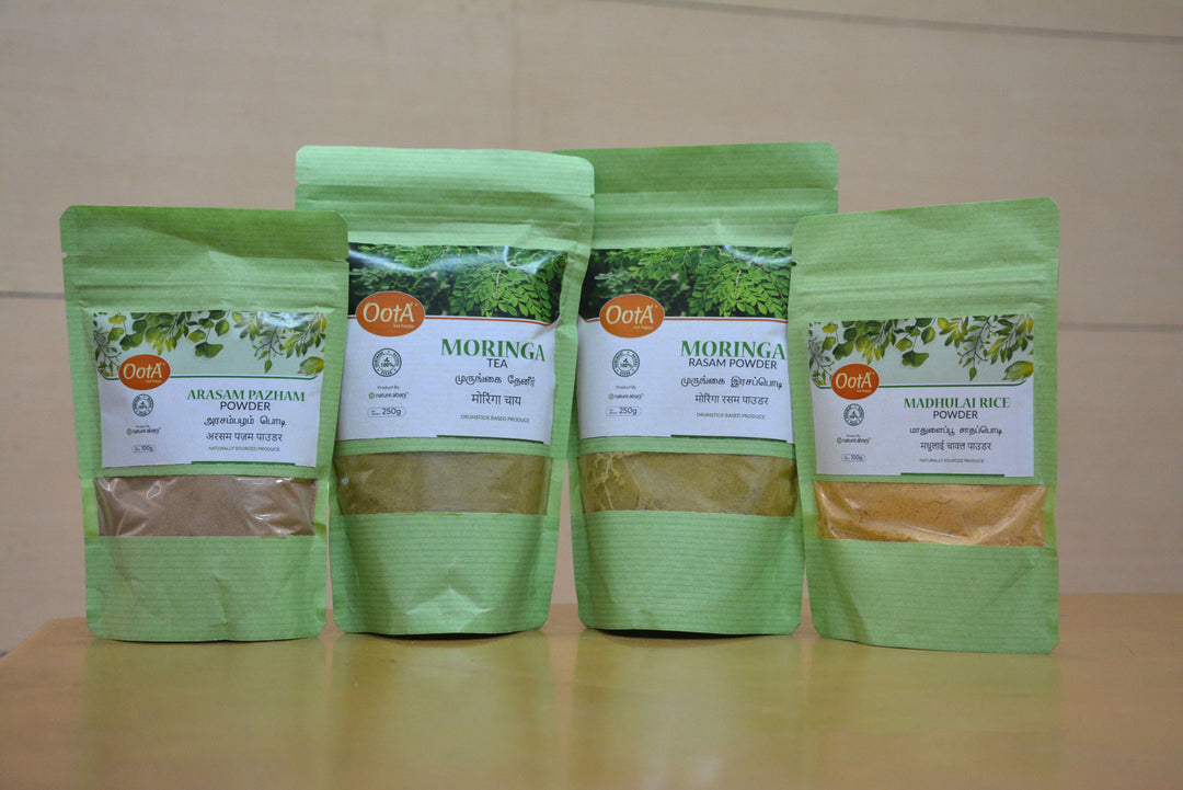 OOTA-Arasam Pazham powder(100g), Madhulai Rice powder(pack of 100g), Moringa Rasam powder(250g), Moringa Tea (pack of 250g)