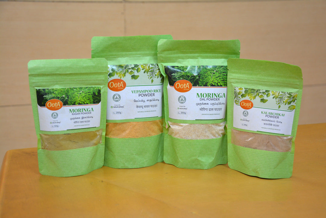 OOTA-Moringa Rasam Powder (pack of 100g), Kalarchikai Powder (pack of 100g), Moringa Dal Powder (Pack of 250g), Vepampoo rice powder (pack of 250g)