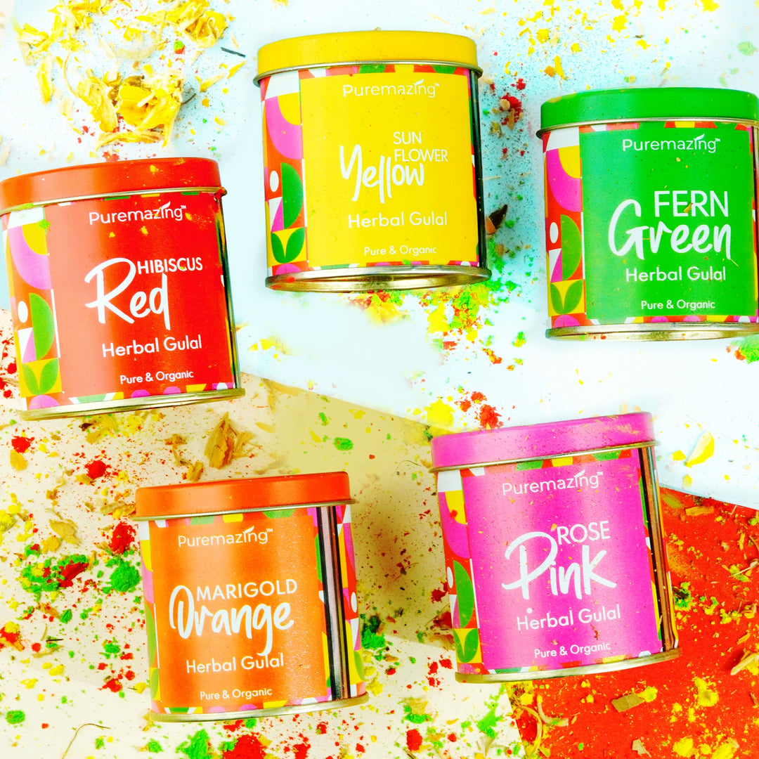Imvelo Puremazing by Imvelo Organic Holi Colour - Scented Herbal Gulal Colour with Flower Petals, Washable & Skin Safe Holi Colors Powder, Holi ke Rang - Natural Holi Gulal Pack of 5 (80gm Each, Multi)