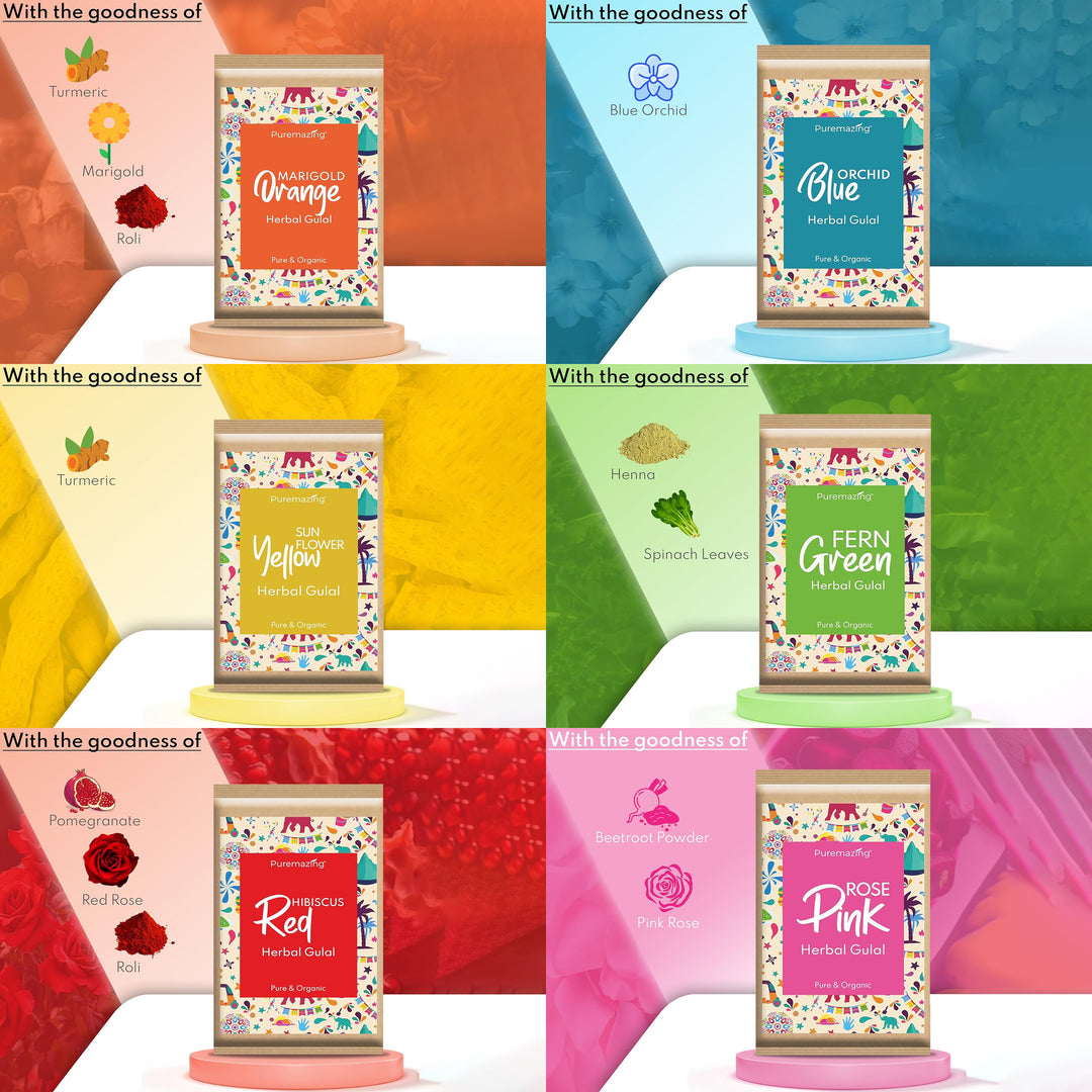 Imvelo Puremazing by Imvelo Organic Holi Colour - Scented Herbal Gulal Colour with Flower Petals, Washable & Skin Safe Holi Colors Powder, Holi ke Rang - Natural Holi Gulal Pack of 6 (80gm Each, Multi)