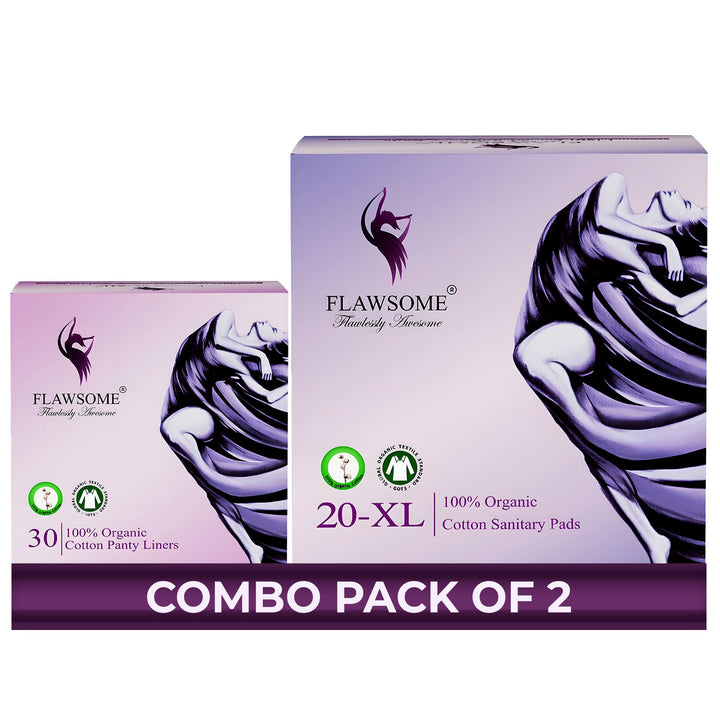 Flawsome 100% Organic Sanitary Pads | High Absorption | Cotton Sanitary Pads | Soft and Rash Free | Toxin-Free (Liner -30 Pads-20, XL)
