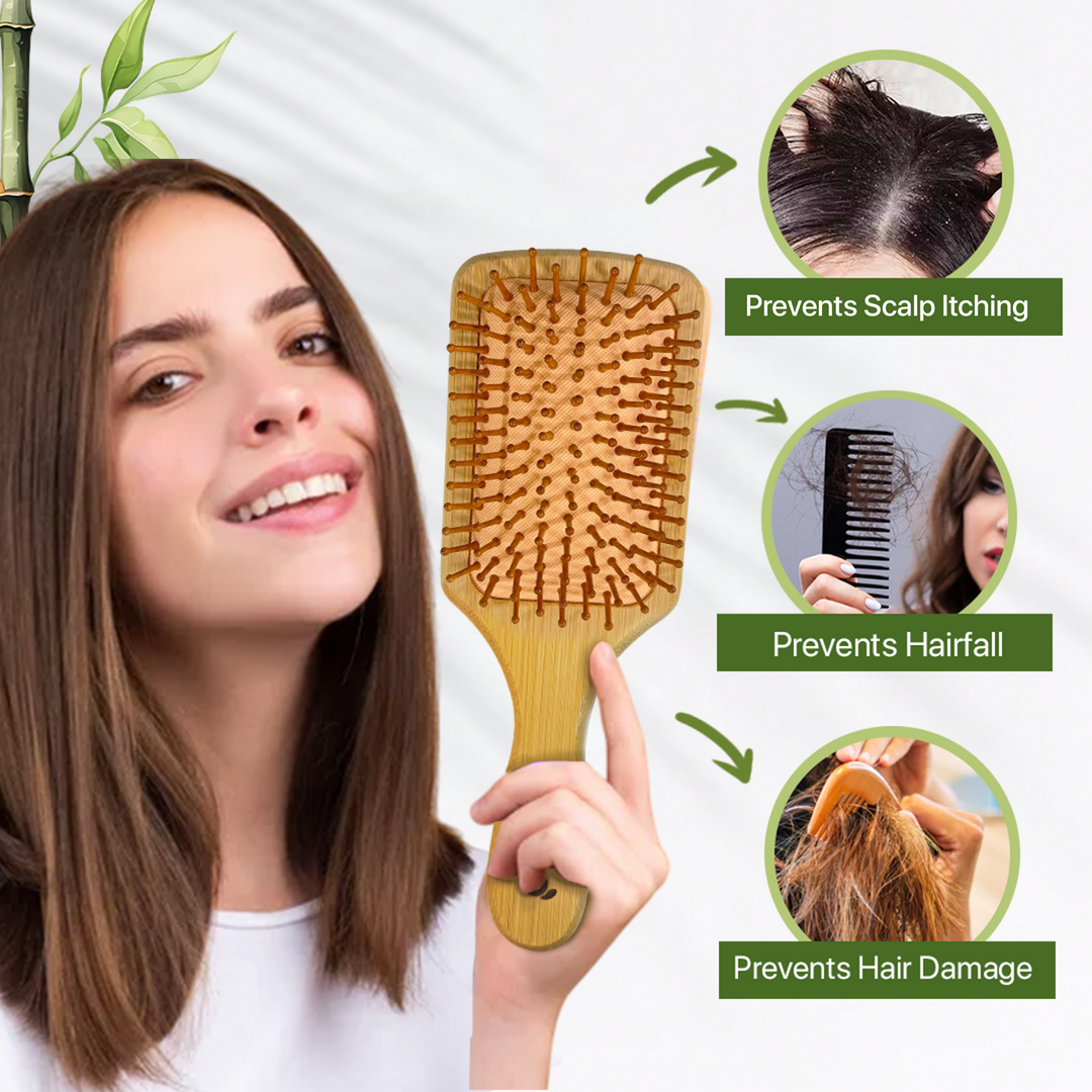 IMECO Bamboo Paddle Hairbrush - Natural Wooden Comb - Anti-Static - Detangling - Ideal for Men & Women