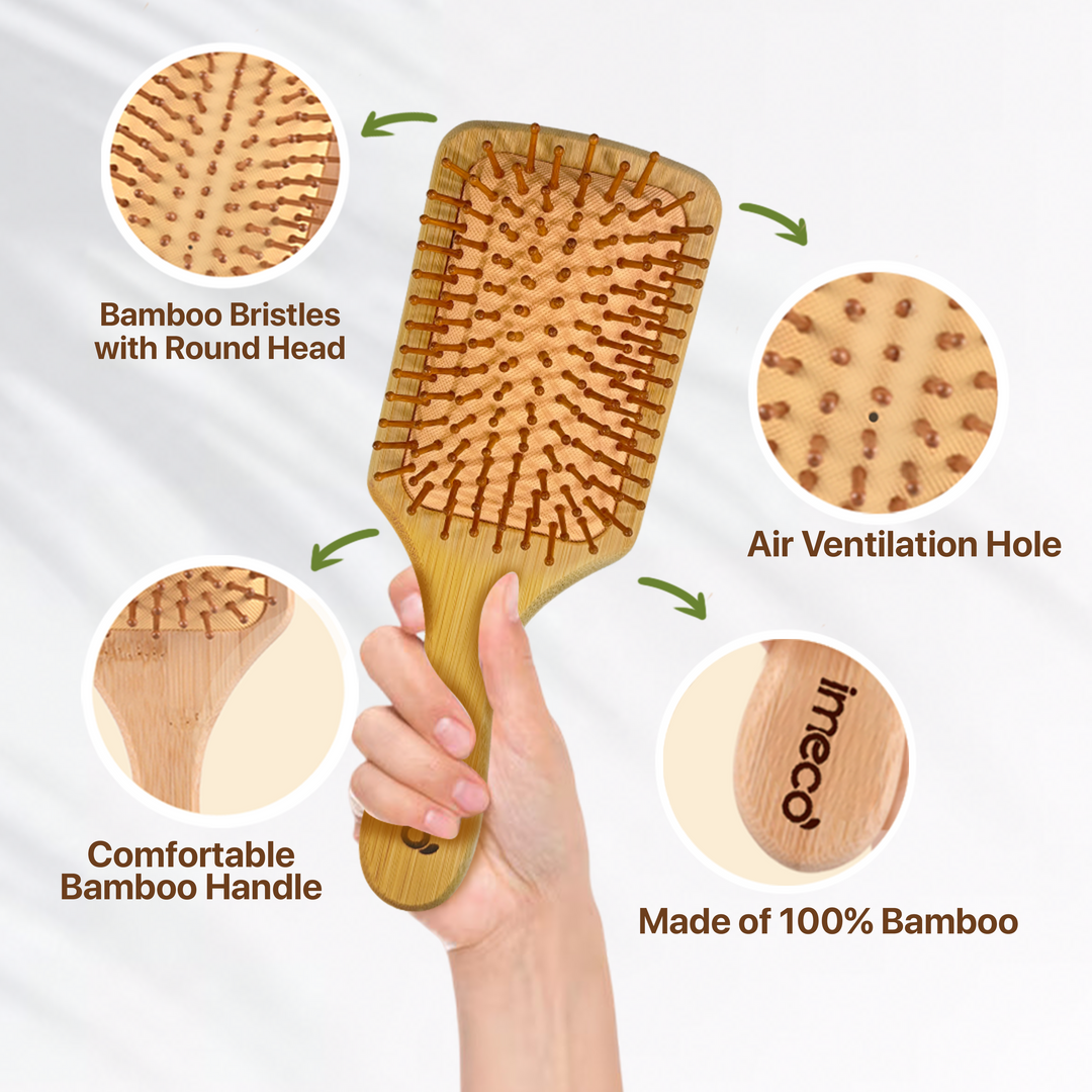 IMECO Bamboo Paddle Hairbrush - Natural Wooden Comb - Anti-Static - Detangling - Ideal for Men & Women