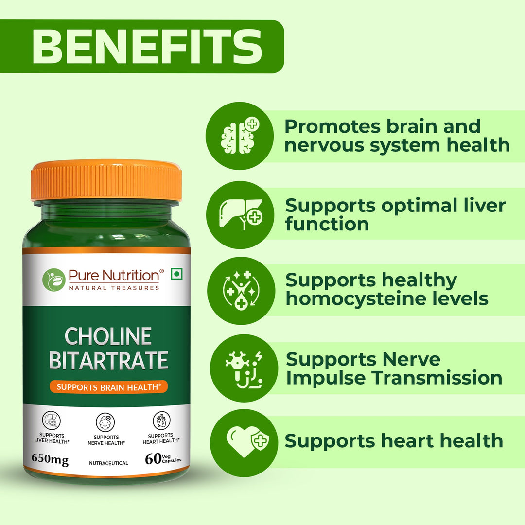 Choline Bitartrate 650mg  Brain, Nerve & Liver Support | 60 Veg Capsules