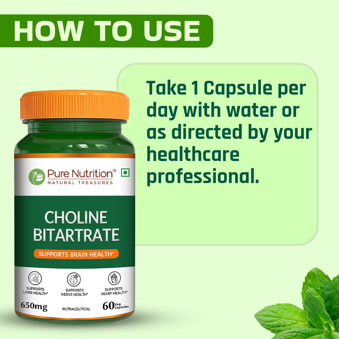 Pure Nutrition Choline Bitartrate 650mg | 60 Veg Capsules | Brain & Nerve Support