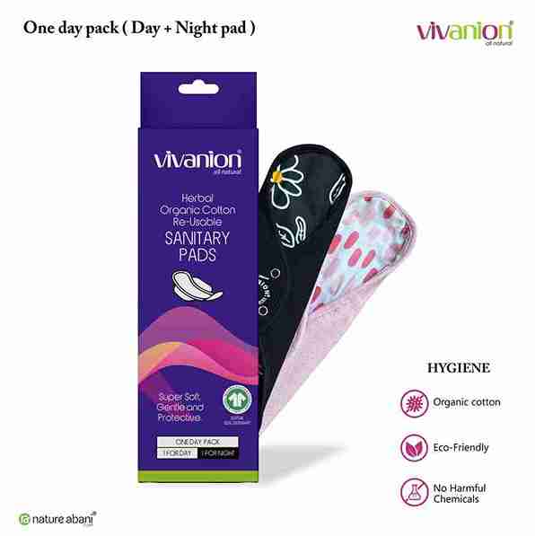 VIVANION Herbal Organic Cotton Re-Usable Sanitary Pads |Anti-Bacterial Coated | Bio Degradable | Pack of 2 | Combo Colors - 1 DAY PAD + 1 NIGHT PAD