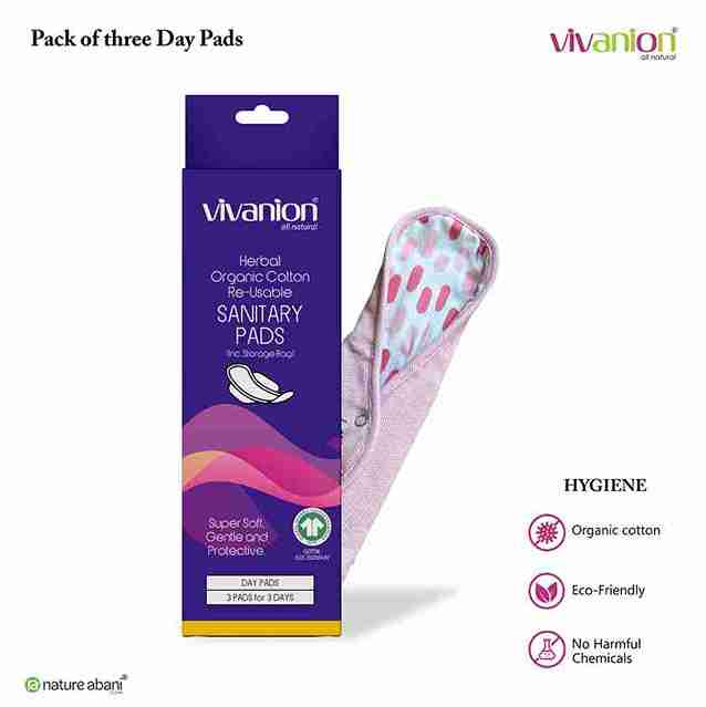 VIVANION Herbal Organic Cotton Re-Usable Sanitary Pads | Anti-Bacterial Coated  | Bio   | Pack of 3 - DAY PACK