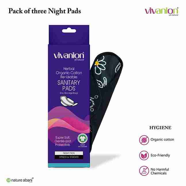 VIVANION Herbal Organic Cotton Re-Usable Sanitary Pads |Anti-Bacterial Coated | Bio Degradable| Pack of 3 - NIGHT PAD