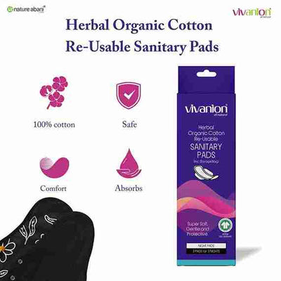 VIVANION Herbal Organic Cotton Re-Usable Sanitary Pads |Anti-Bacterial Coated | Bio Degradable| Pack of 3 - NIGHT PAD