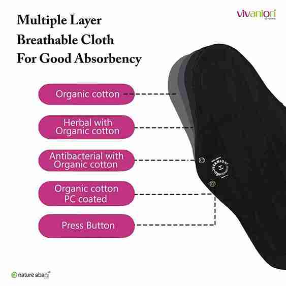 VIVANION Herbal Organic Cotton Re-Usable Sanitary Pads |Anti-Bacterial Coated | Bio Degradable| Pack of 3 - NIGHT PAD