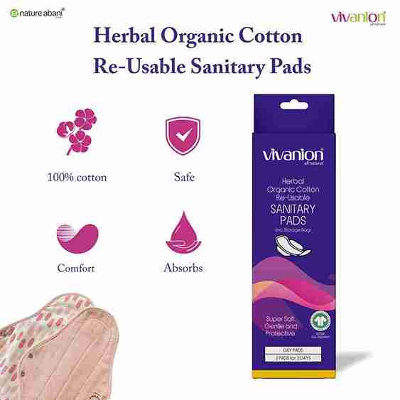 VIVANION Herbal Organic Cotton Re-Usable Sanitary Pads | Anti-Bacterial Coated  | Bio   | Pack of 3 - DAY PACK