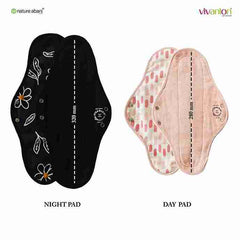 VIVANION Herbal Organic Cotton Re-Usable Sanitary Pads |Anti-Bacterial Coated | Bio Degradable | Pack of 2 | Combo Colors - 1 DAY PAD + 1 NIGHT PAD