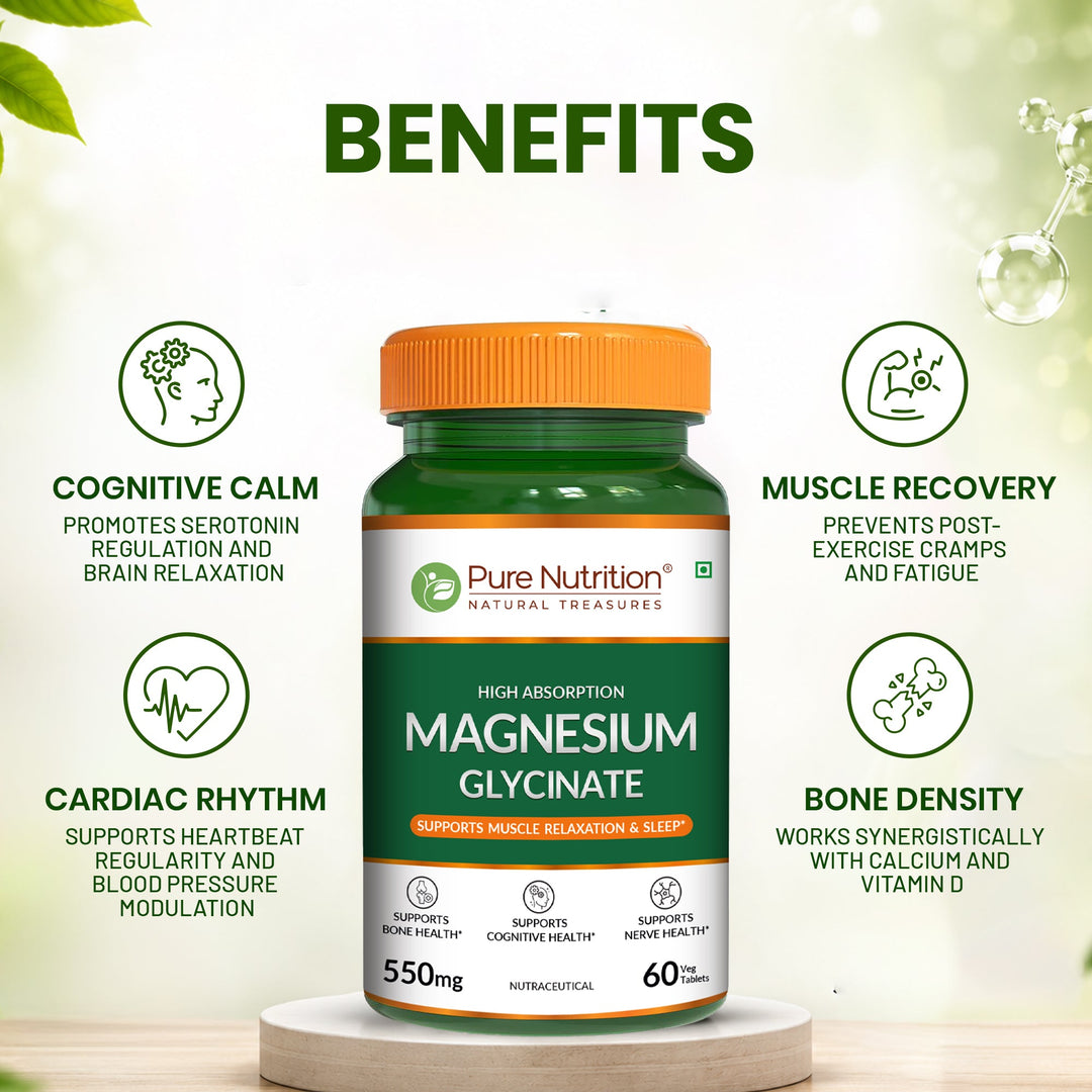 Magnesium Glycinate 550mg – High Absorption | Sleep, Stress & Muscle Health | 60Tablets| 120 Tablets