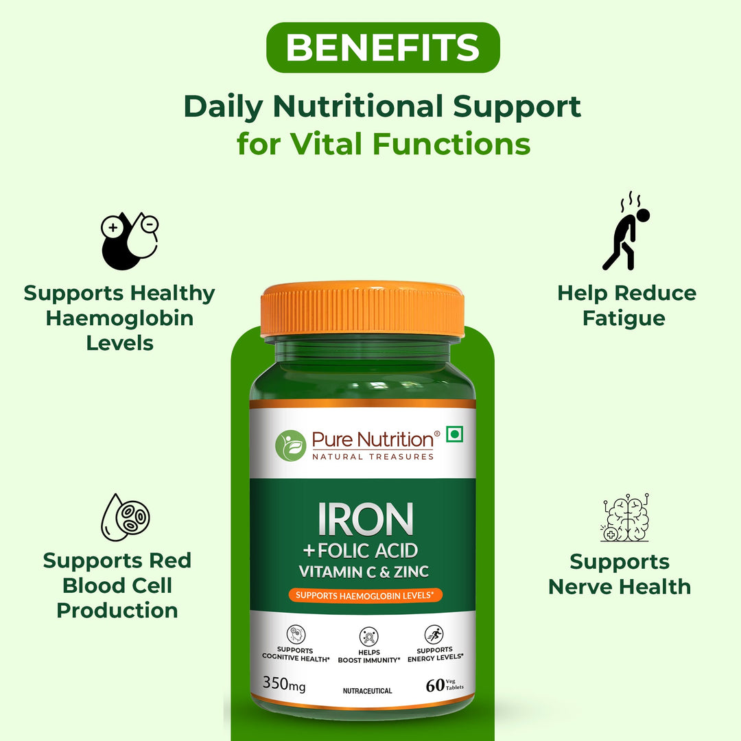 Iron with Folic Acid - 60 Tablets | Supports Haemoglobin Production and Helps Maintain Healthy Iron Levels