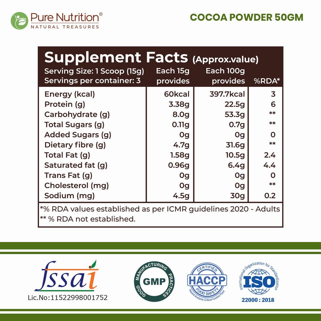Pure Nutrition Cocoa Powder | Unsweetened & Alkalized Cocoa Powder | 50g