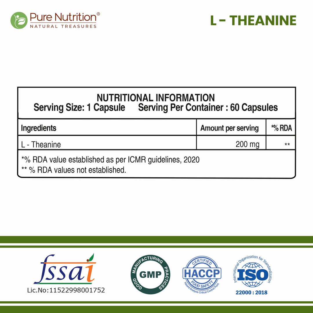 L-Theanine 200mg | Supports Calmness, Focus & Cognitive Function| 120 capsules