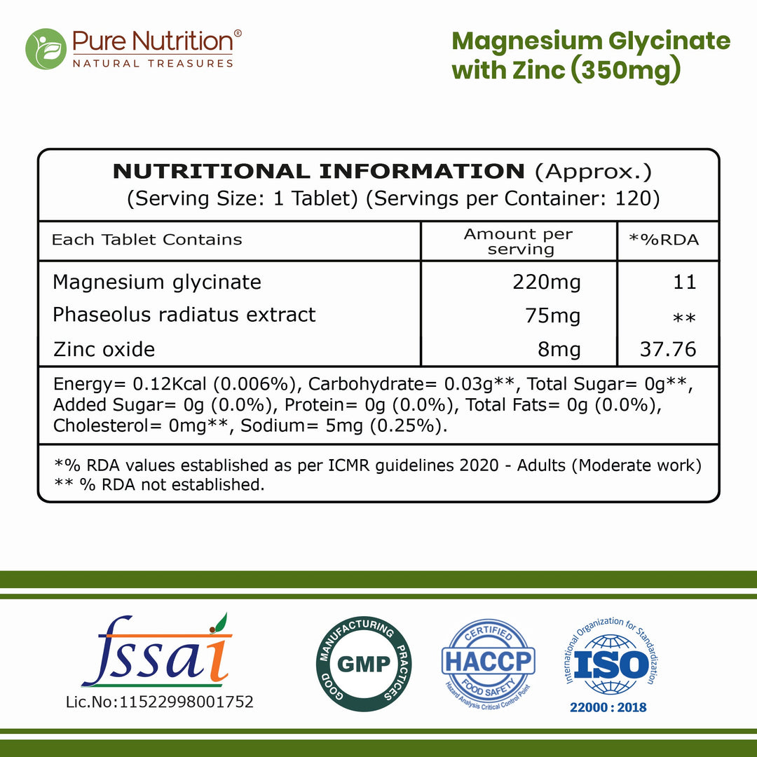 Magnesium Glycinate 350mg with Zinc Capsules | Sleep Support, Stress Relief & Bone Health | 120 Tablets