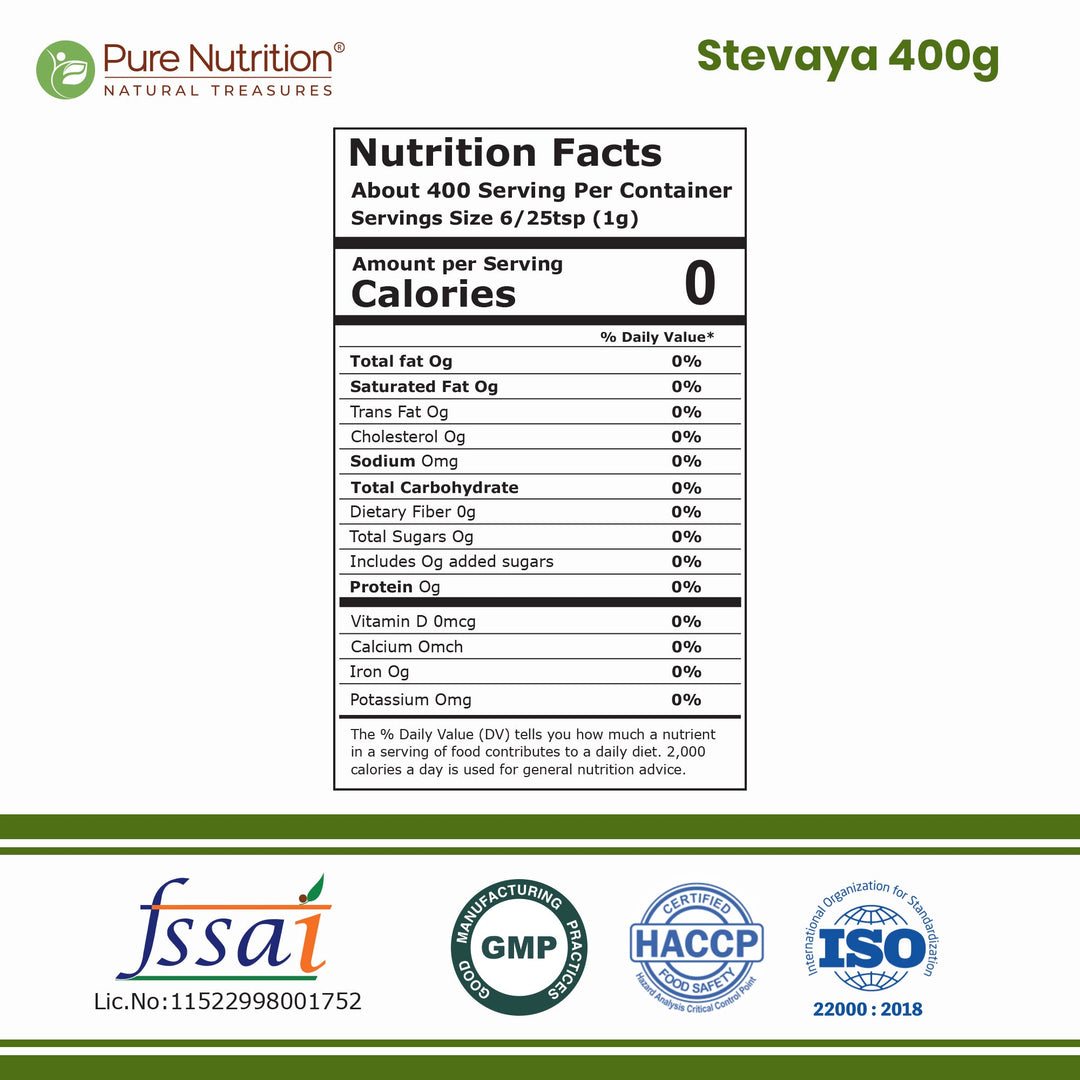 Stevaya Stevia Based Natural Sweetener - 400 Grams | Zero Calorie Sugar Substitute | Ideal for Beverages and Baking
