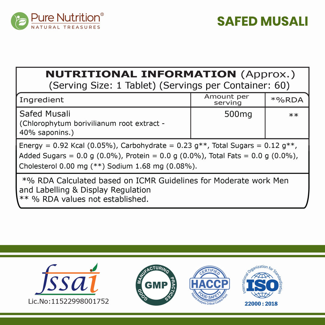 Safed Musli Capsules  Ayurvedic Vitality & Energy Supplement | 60 Veg Tablets