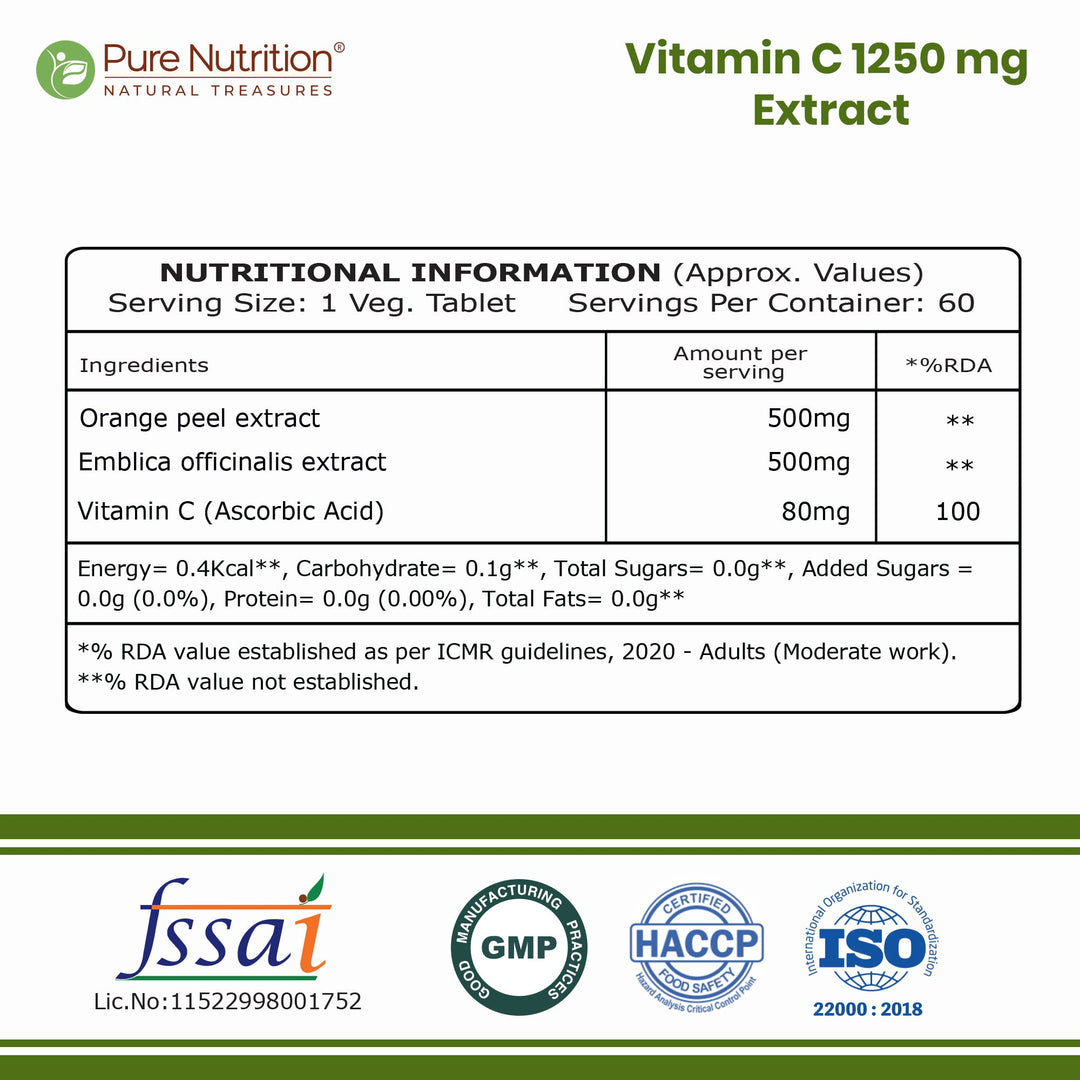 Vitamin C with Amla & Orange Peel 1250mg Immunity & Skin Health | 60 Tabs