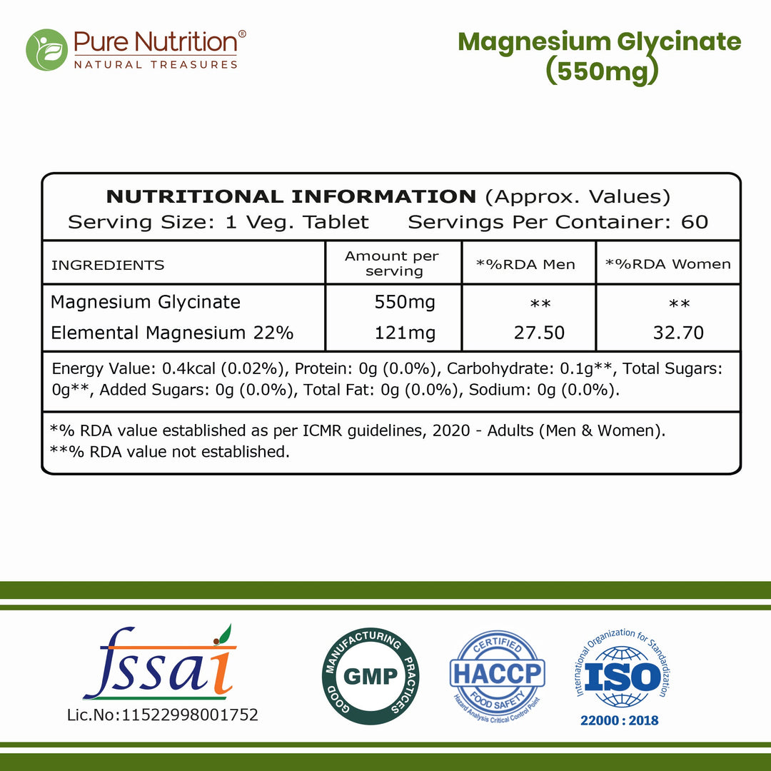 Pure Nutrition Magnesium Glycinate 550mg | High Absorption | 60Tablets