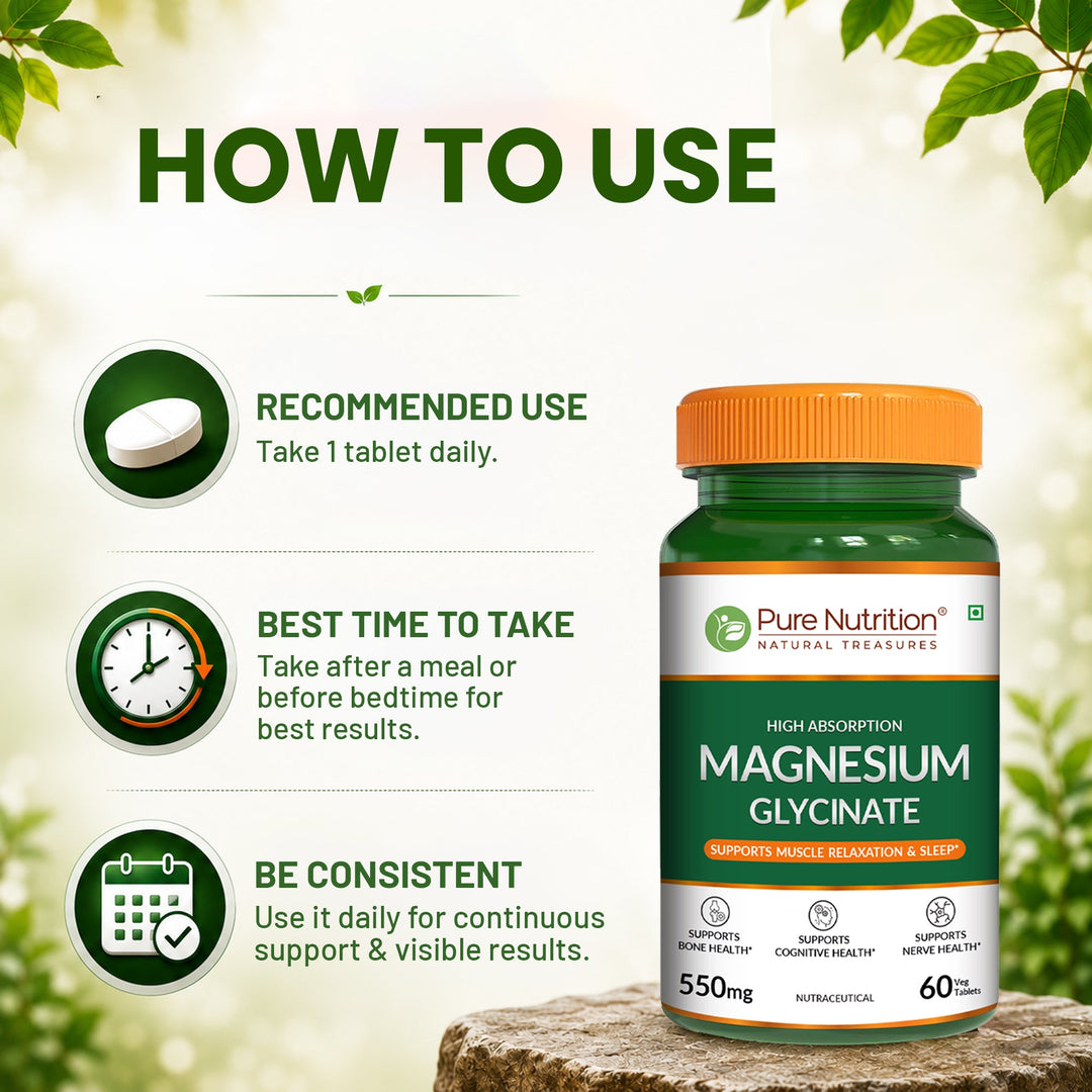 Magnesium Glycinate 550mg – High Absorption | Sleep, Stress & Muscle Health | 60Tablets| 120 Tablets