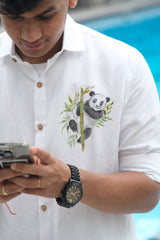 Bahem Men White Hemp-Lyocell Shirt - Hand painted Panda