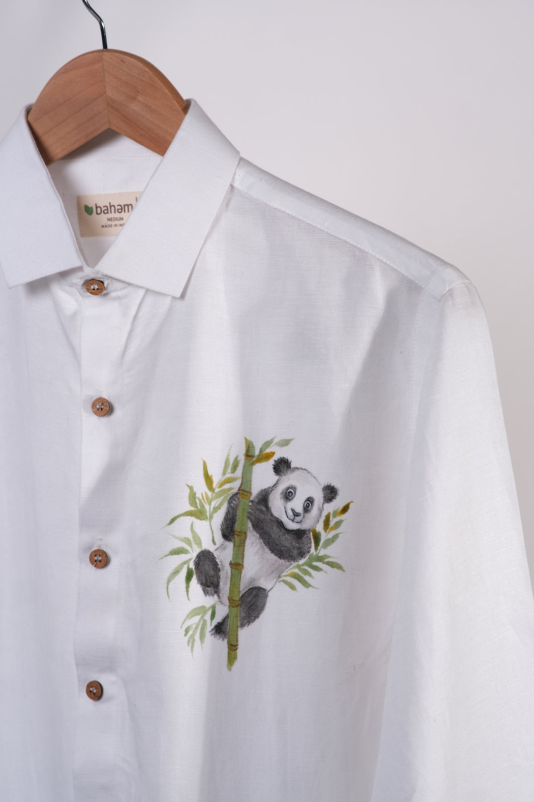 Bahem Men White Hemp-Lyocell Shirt - Hand painted Panda