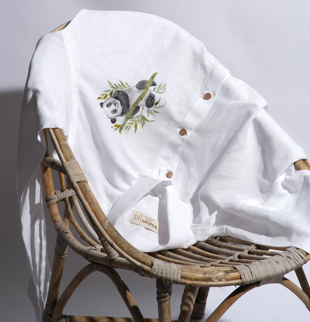 Bahem Men White Hemp-Lyocell Shirt - Hand painted Panda