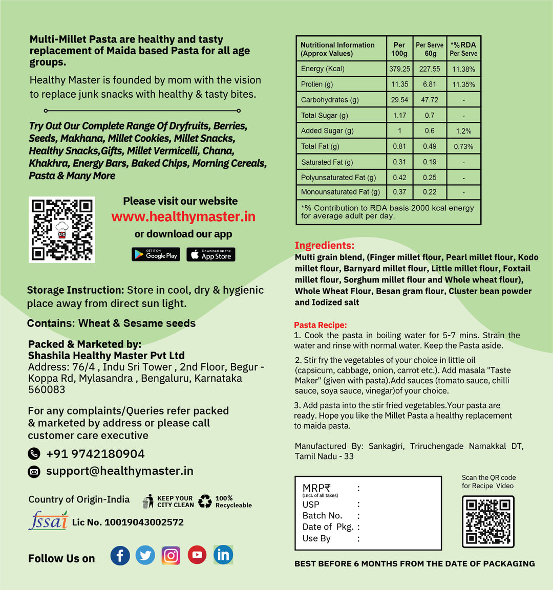 Healthy Master Multi Millet Pasta 400g | No Maida | Millet-Based Pasta | Whole Wheat & Multigrain