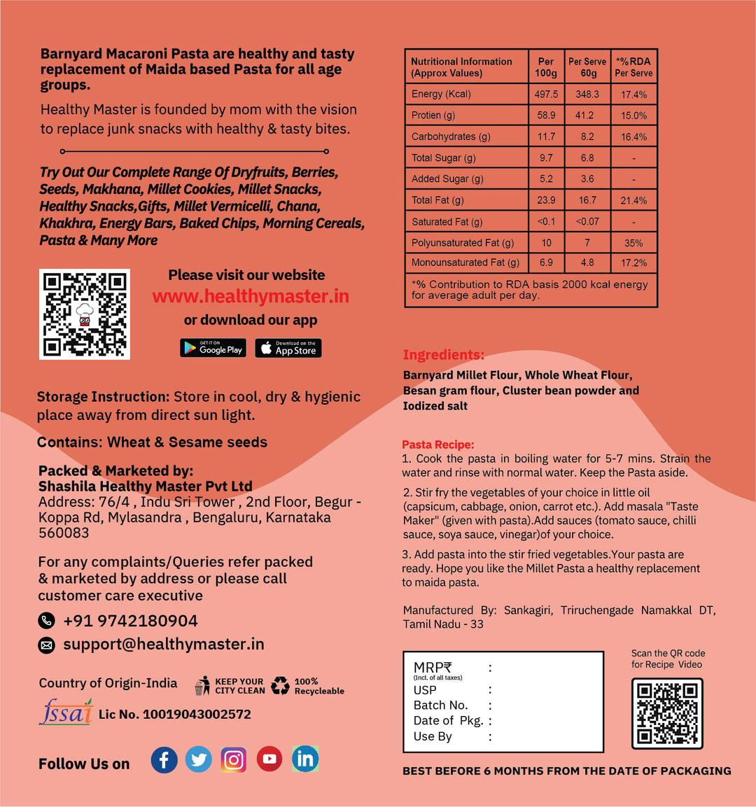 Healthy Master Barnyard Macaroni Pasta 400g | Multigrain Macaroni | No Maida | Millet-Based Pasta