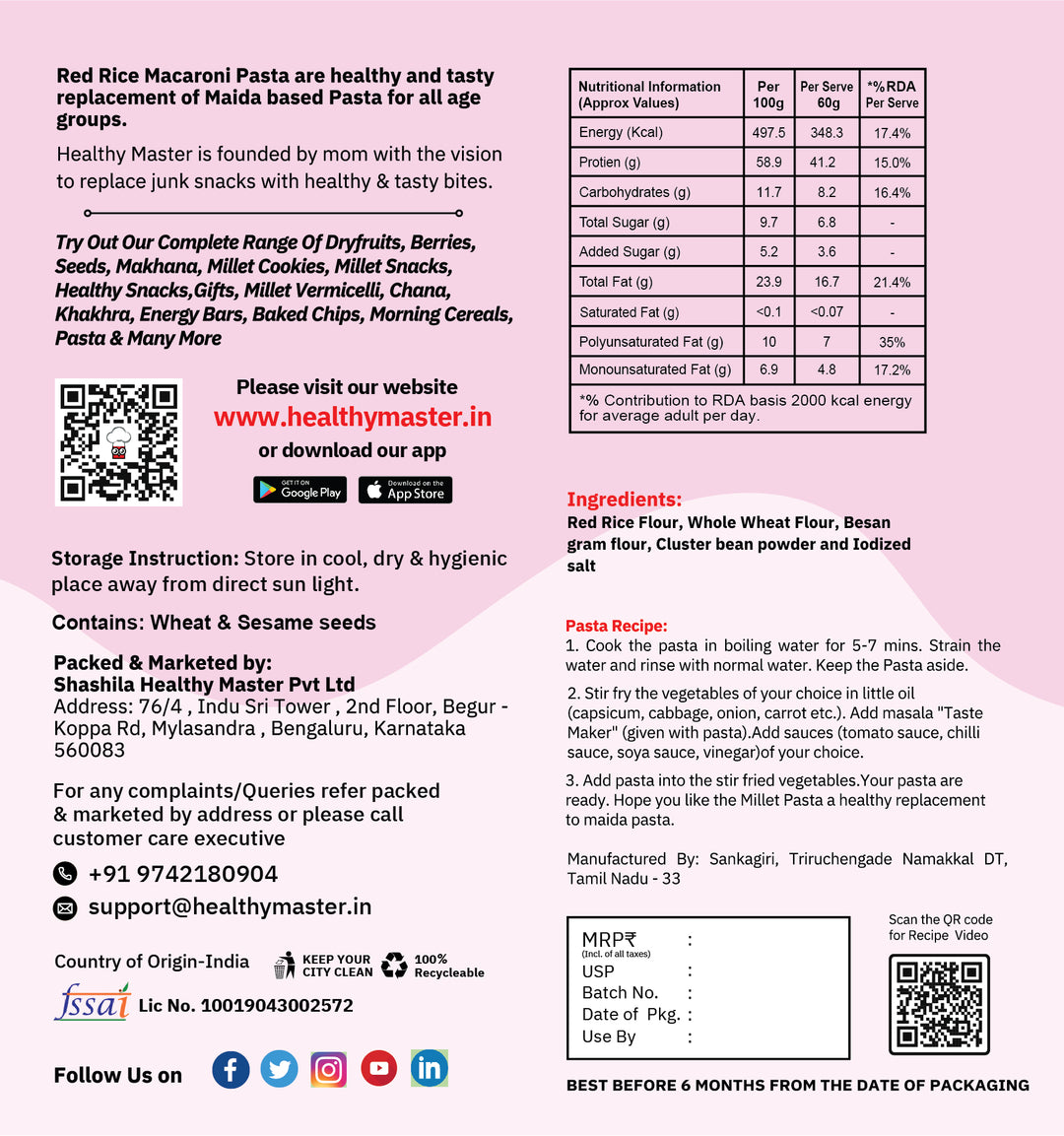 Healthy Master Red Rice Macaroni Pasta 400g | Millet-Based Macaroni | No Maida | Pasta for Cooking