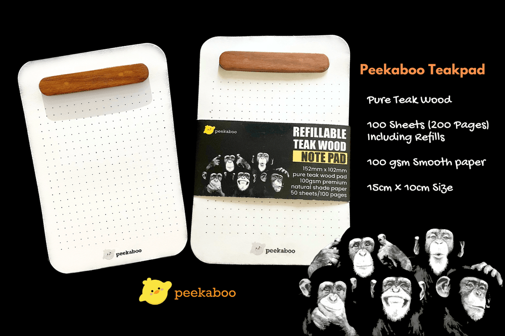 Peekaboo Teak Wood Notepad - Refillable Pages | 15cm x 10cm