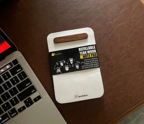 Peekaboo Teak Wood Notepad - Refillable Pages | 15cm x 10cm