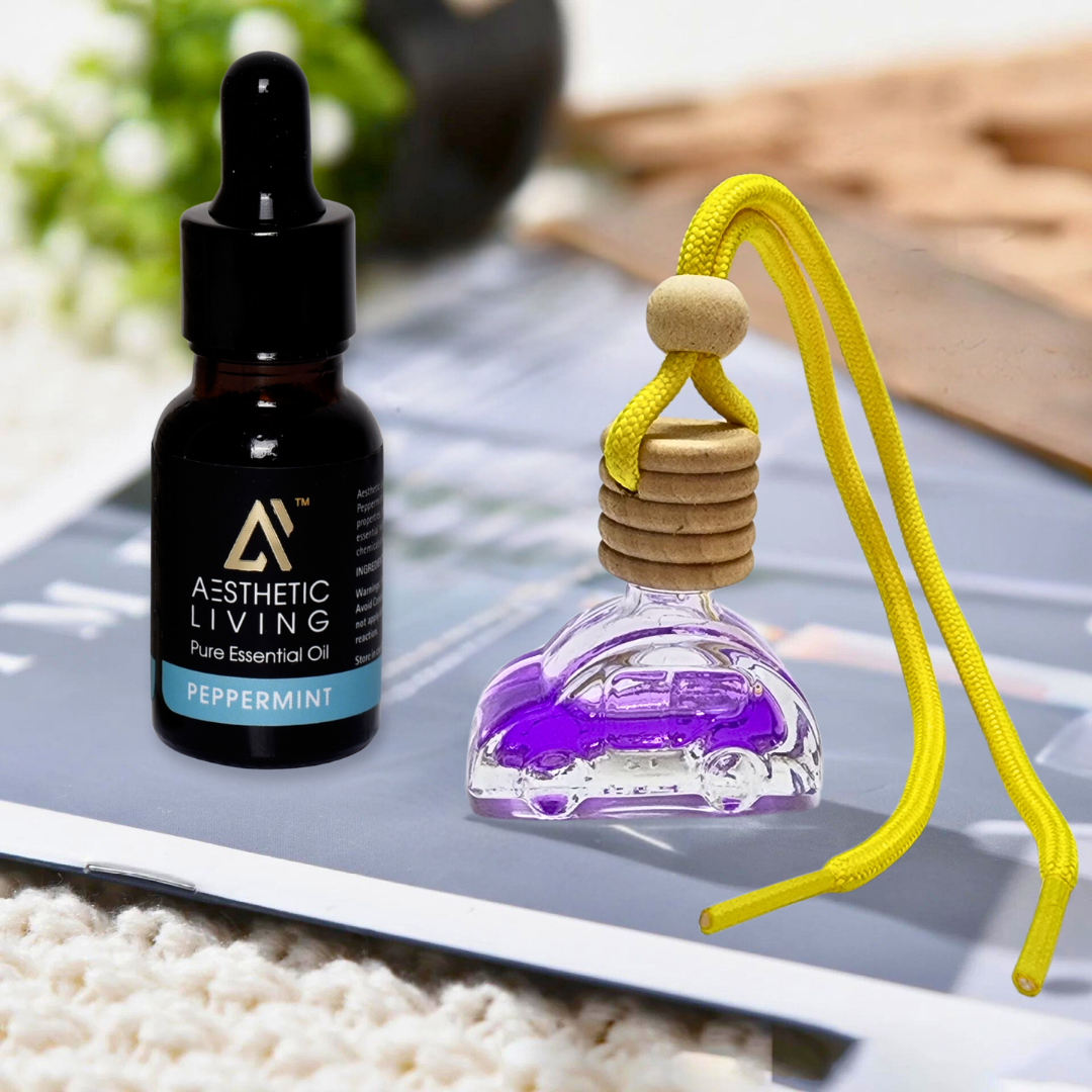 Aesthetic Living Car Aromatizer Diffuser Bottle with Essential Oil (Car shape bottle -10ml + Essential oil- 15ml)