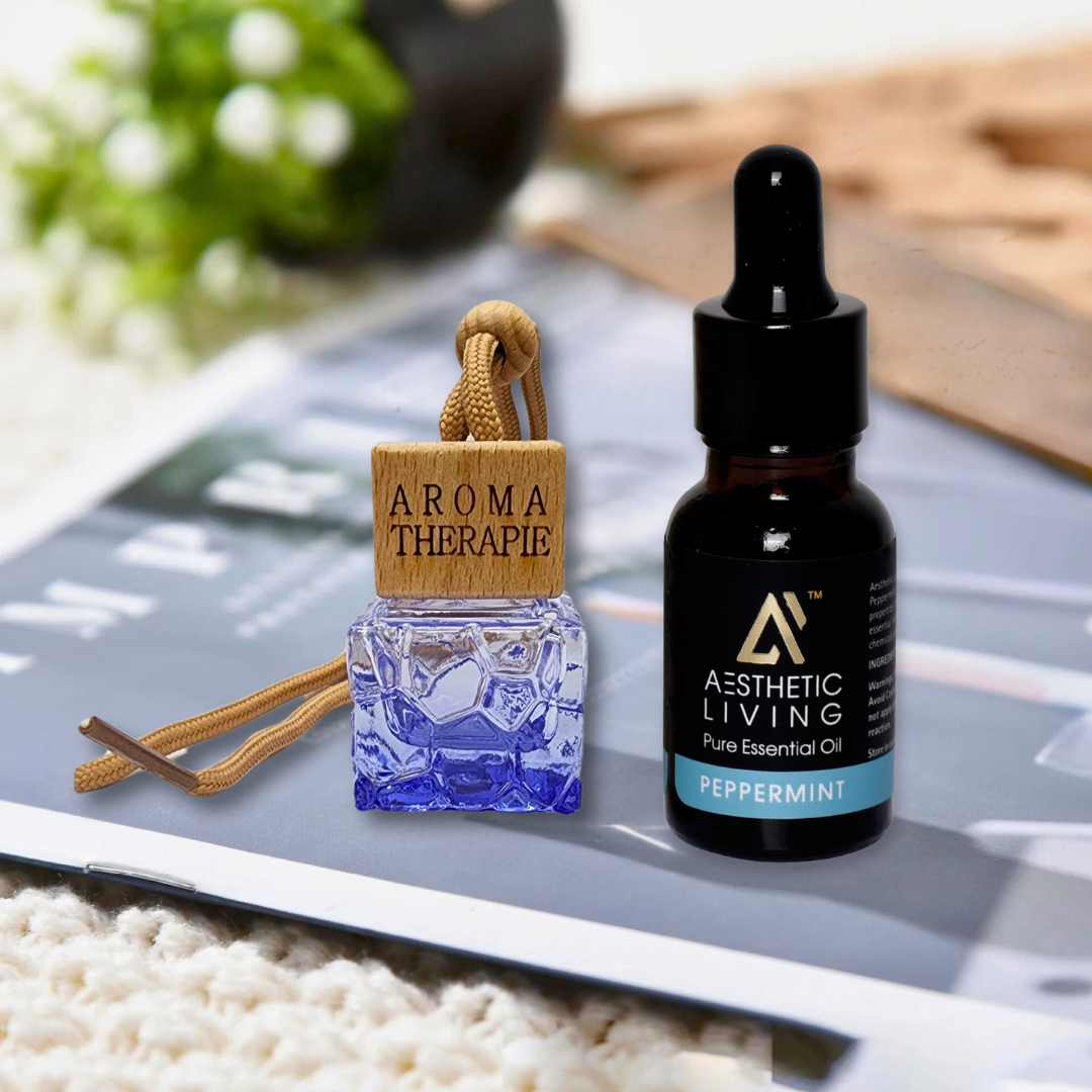 Aesthetic Living Car Aromatizer Diffuser Bottle with Essential Oil (Square colored transparent combo- 8ml + Essential Oil- 15 ml)