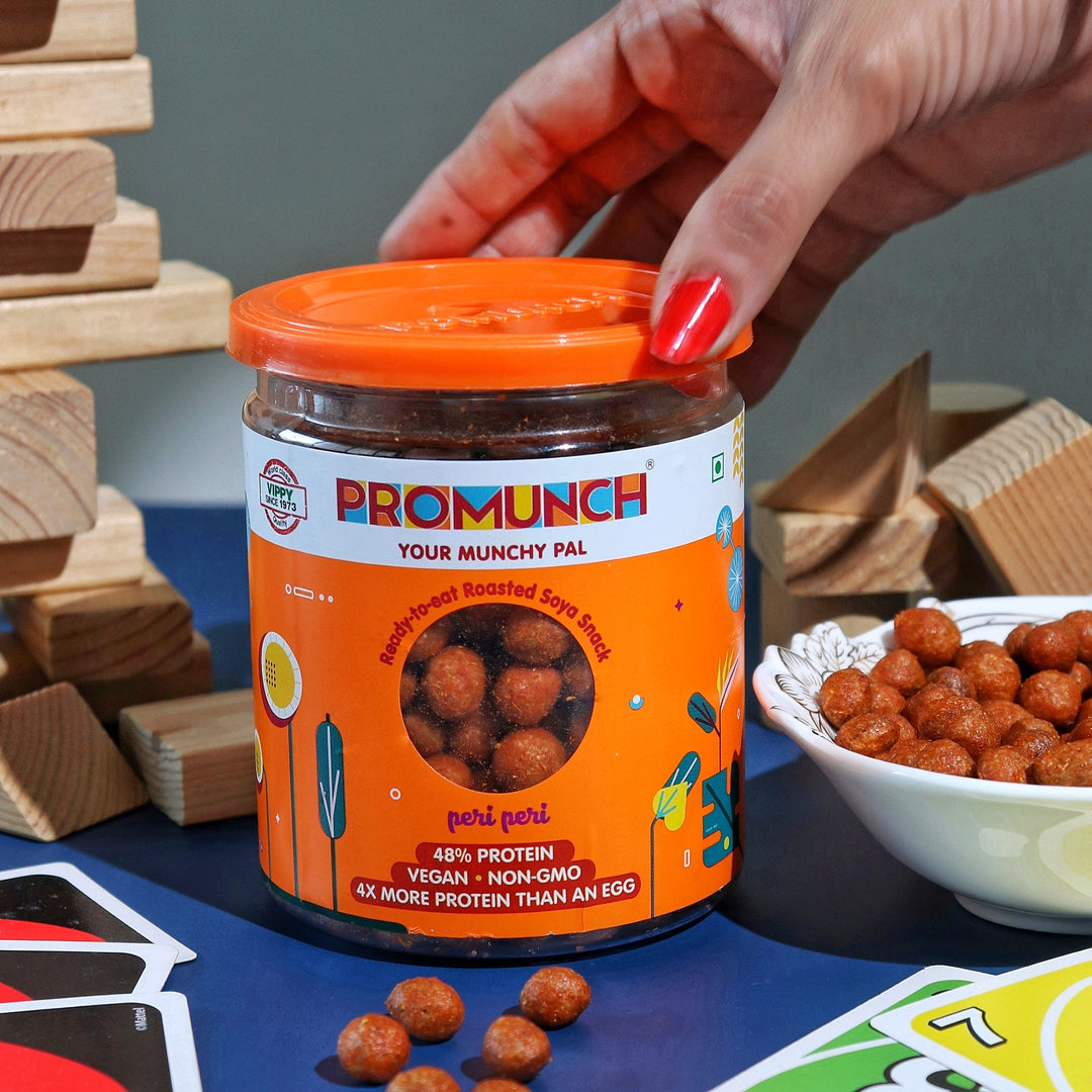 playtime with PROMUNCH soya snacks, capturing a fun and enjoyable snack time moment.