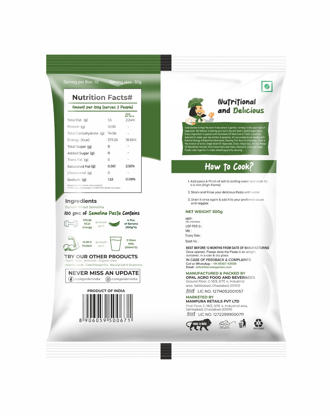 CookGarden 100% Semolina Pasta Combo, Penne, Fusilli, Macaroni and Roasted Vermicelli (Pack of 4)