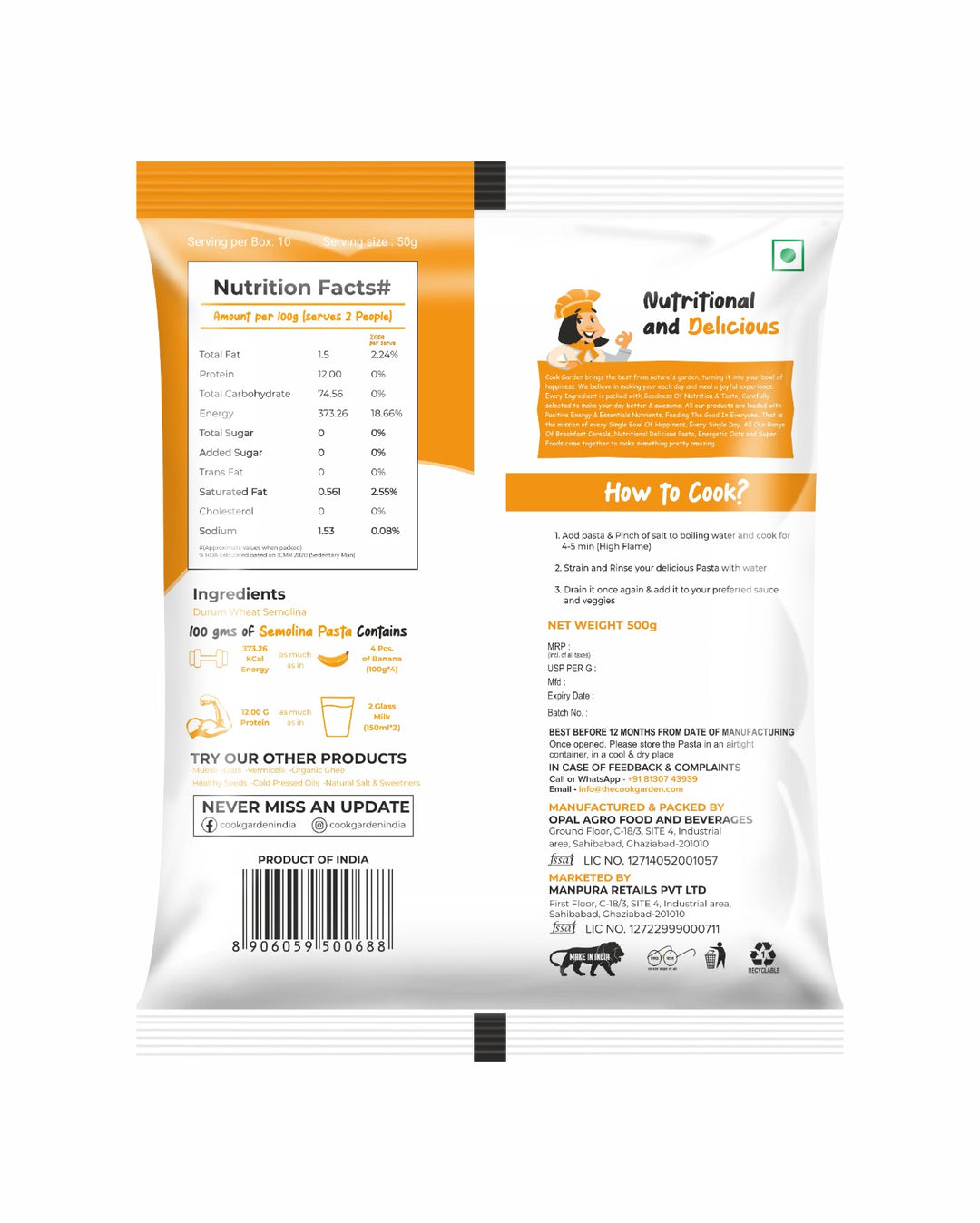 CookGarden 100% Semolina Pasta Combo, Penne, Fusilli, Macaroni and Roasted Vermicelli (Pack of 4)