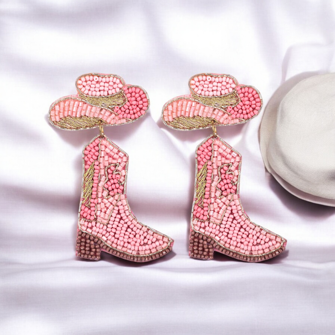Bamboology Trends Pink Beaded Cowboy Boot and Hat Statement Earrings
