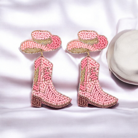 Bamboology Trends Pink Beaded Cowboy Boot and Hat Statement Earrings