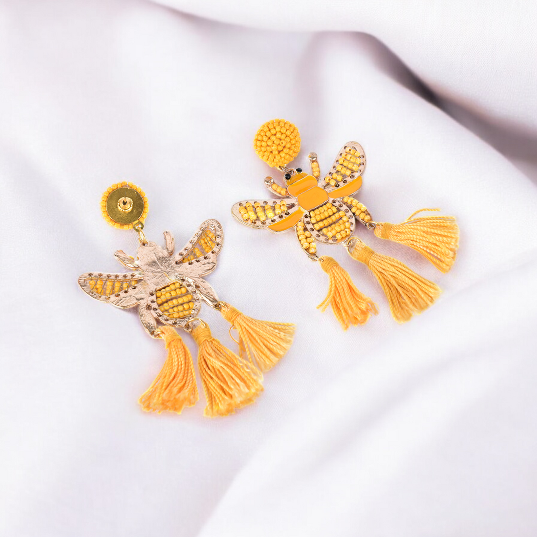 Bamboology Trends Yellow Beaded Bee Earrings with Tassel Accents – Statement Jewelry for a Bold Look