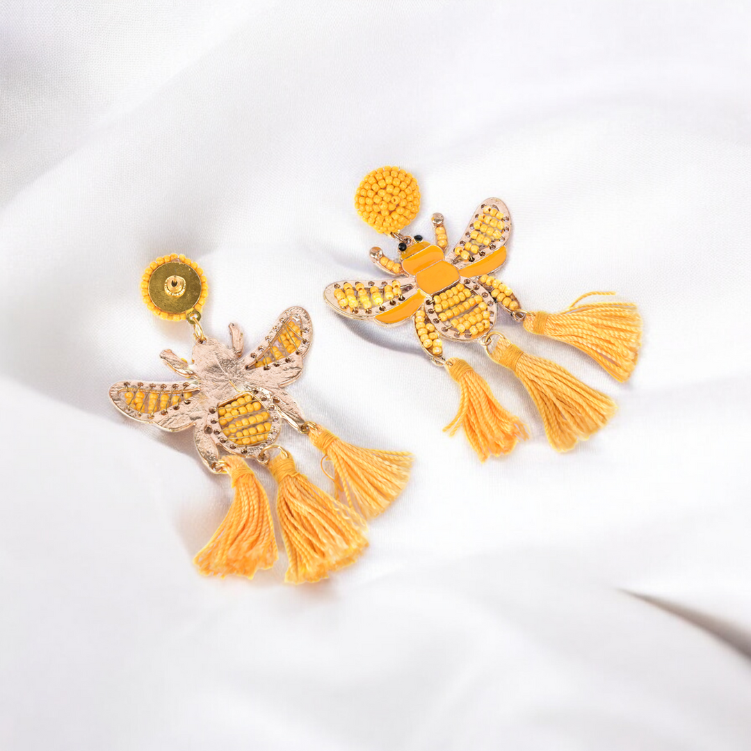 Bamboology Trends Yellow Beaded Bee Earrings with Tassel Accents – Statement Jewelry for a Bold Look