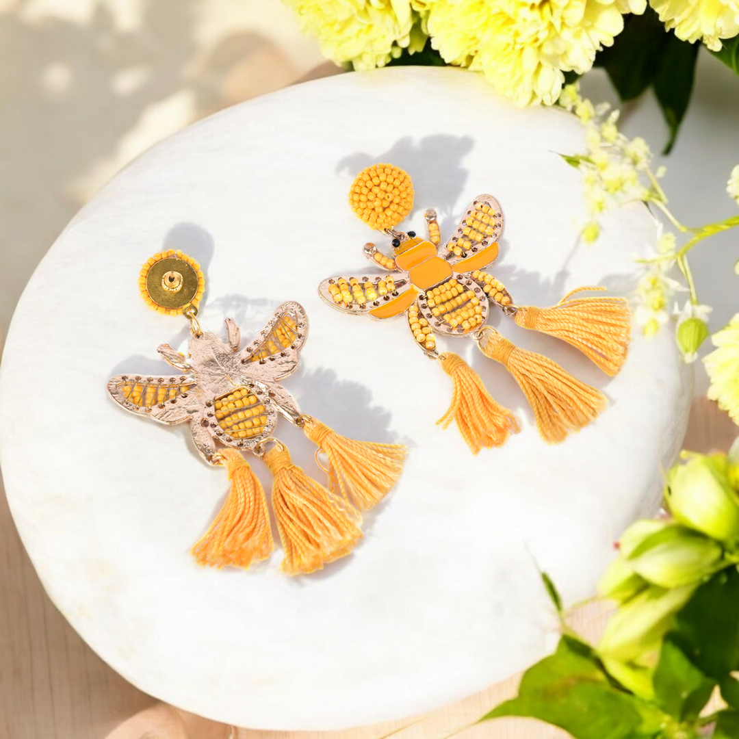 Bamboology Trends Yellow Beaded Bee Earrings with Tassel Accents – Statement Jewelry for a Bold Look