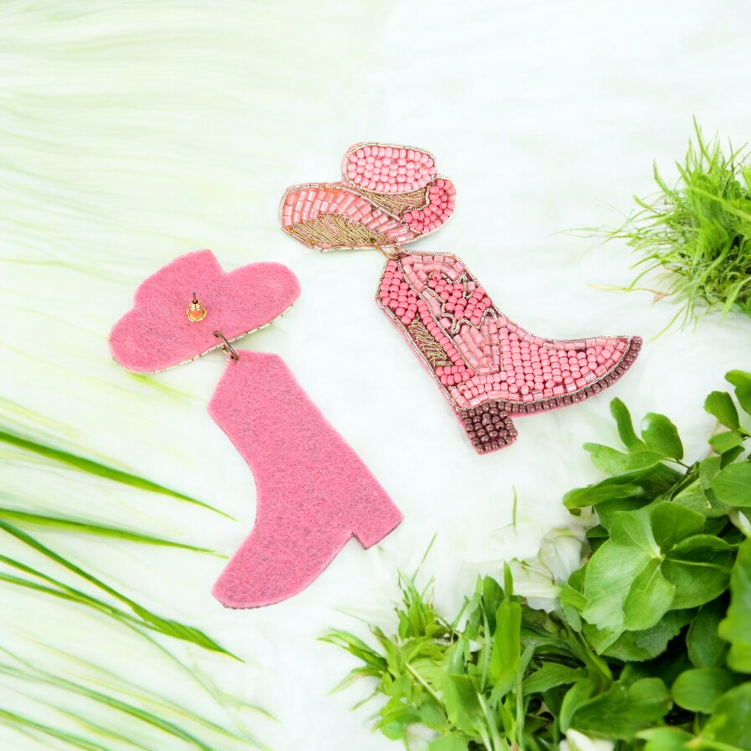 Bamboology Trends Pink Beaded Cowboy Boot and Hat Statement Earrings