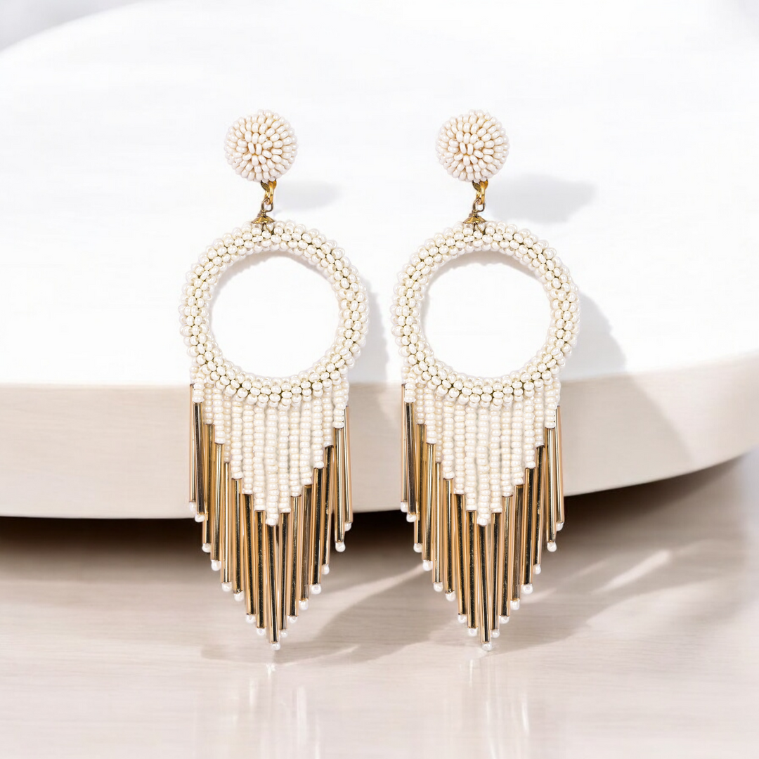 Bamboology Trends White Beaded Hoop Earrings with Gold Fringe – Elegant Statement Jewellery