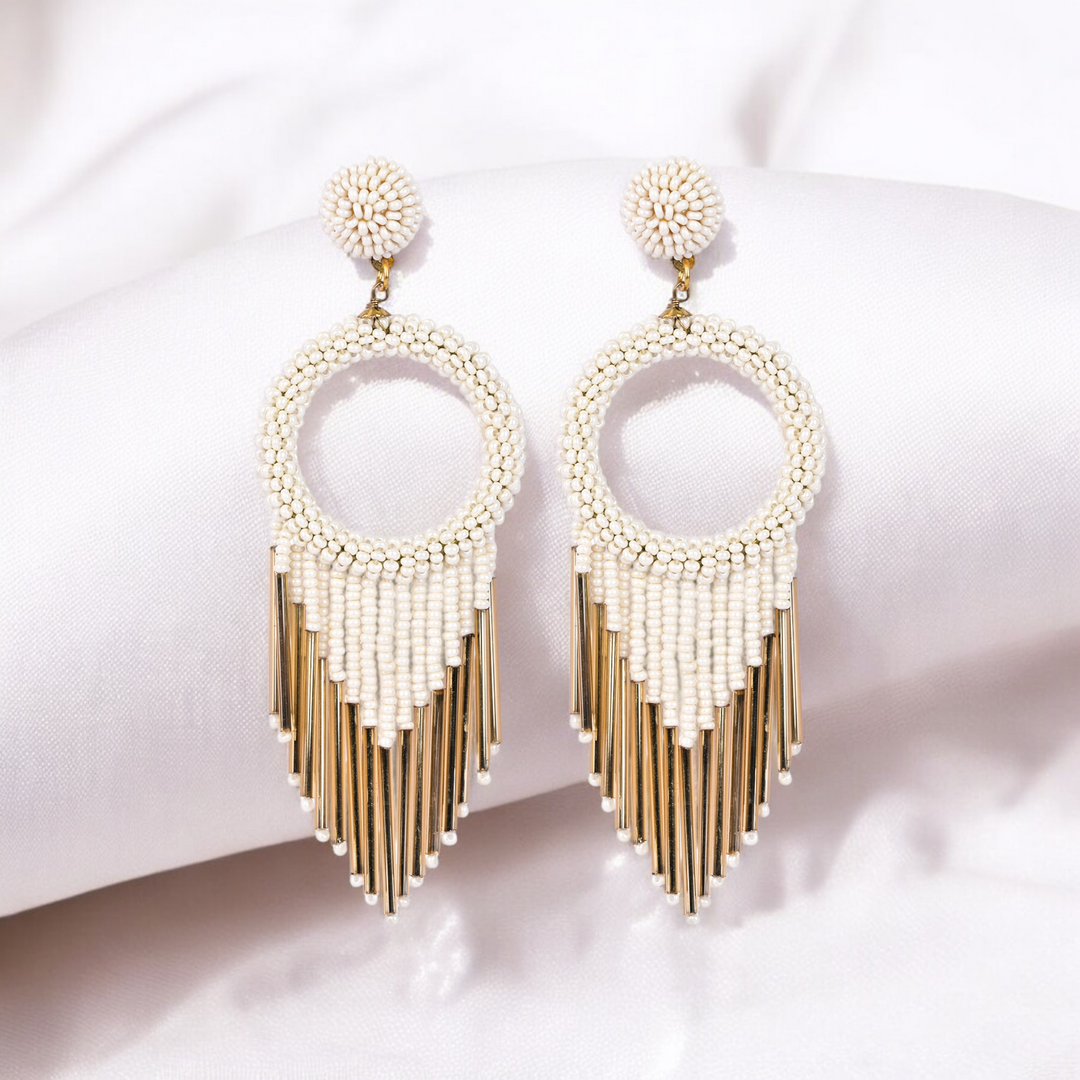Bamboology Trends White Beaded Hoop Earrings with Gold Fringe – Elegant Statement Jewellery