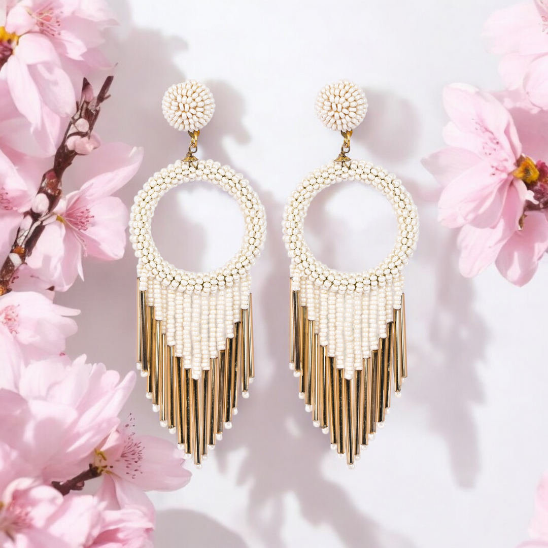 Bamboology Trends White Beaded Hoop Earrings with Gold Fringe – Elegant Statement Jewellery