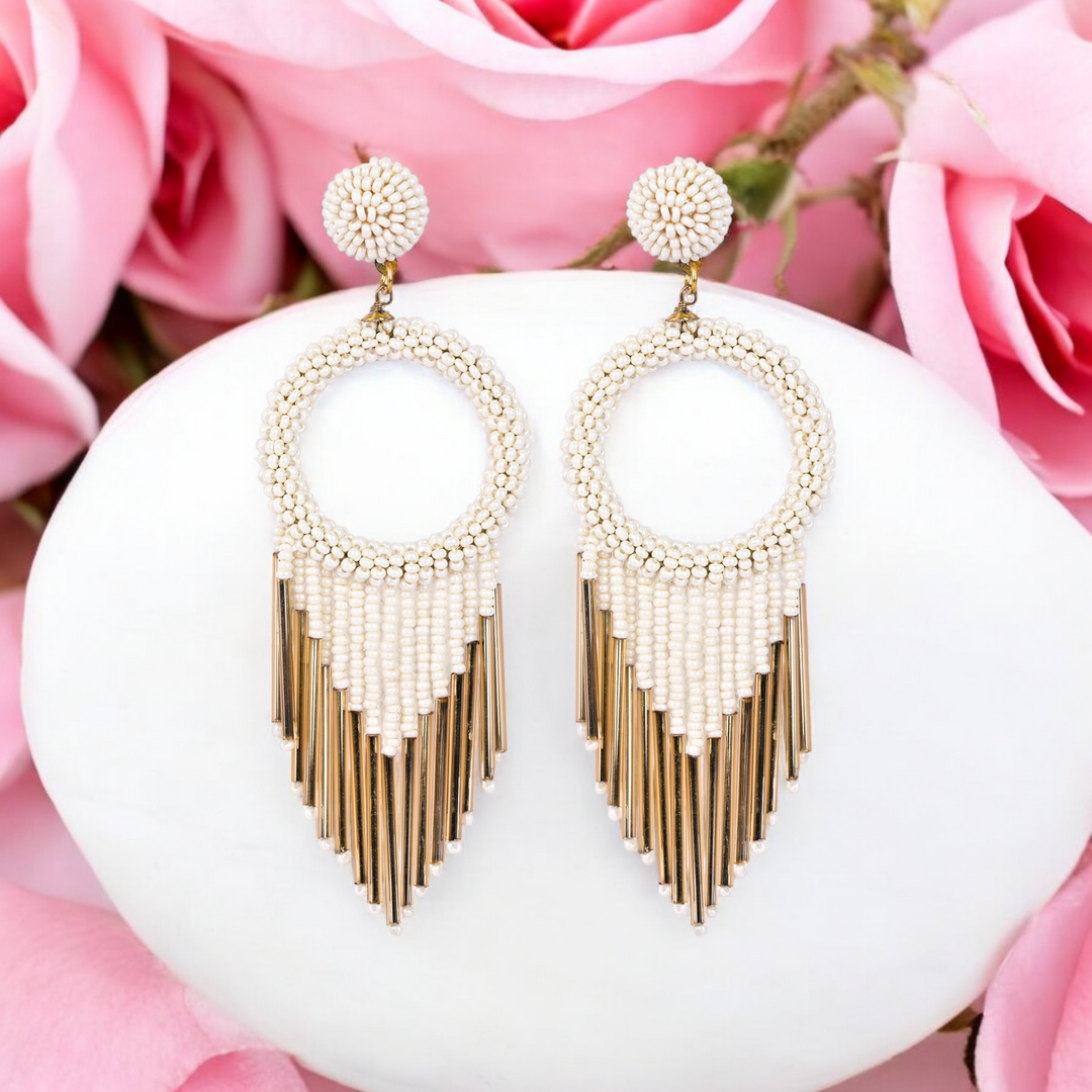 Bamboology Trends White Beaded Hoop Earrings with Gold Fringe – Elegant Statement Jewellery