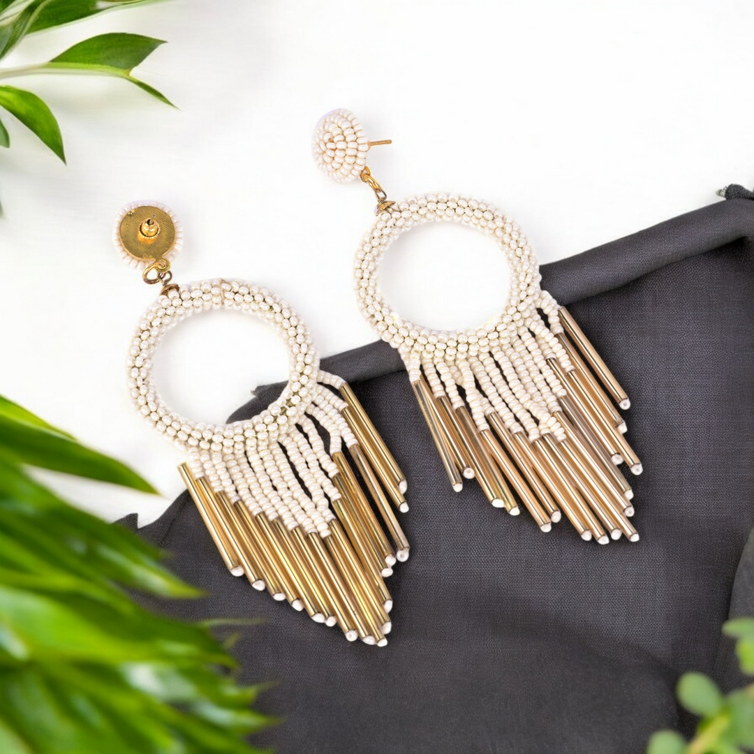 Bamboology Trends White Beaded Hoop Earrings with Gold Fringe – Elegant Statement Jewellery